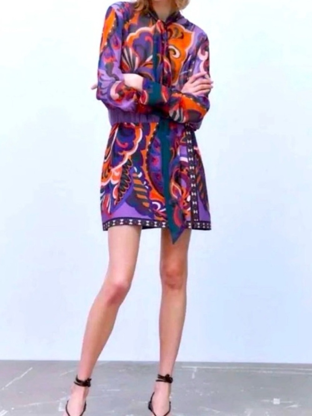 Zara Purple Paisley-Print Mini Dress with Orange Accents